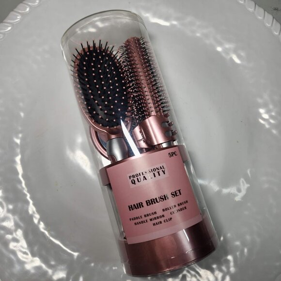 NEW SET OF 2 Bundle 5-Piece Hairbrush Brush Hand Mirror Beauty Brushes Pink Hair - Picture 2 of 7